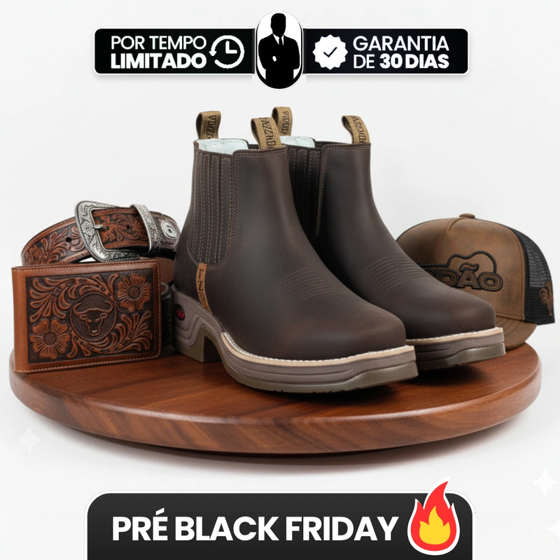 [Kit 4 em 1] Bota Masculina Ortopédica Fazenda de Cano Curto em Couro Legítimo com Boné Modão, Cinto e Carteira GRÁTIS