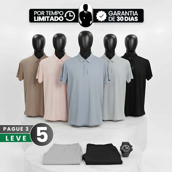 [Leve 5, Pague Só 3] Camisa Polo Varex em Seda Gelada, Poliéster e Spandex + 2 Calças e Relógio GRÁTIS!