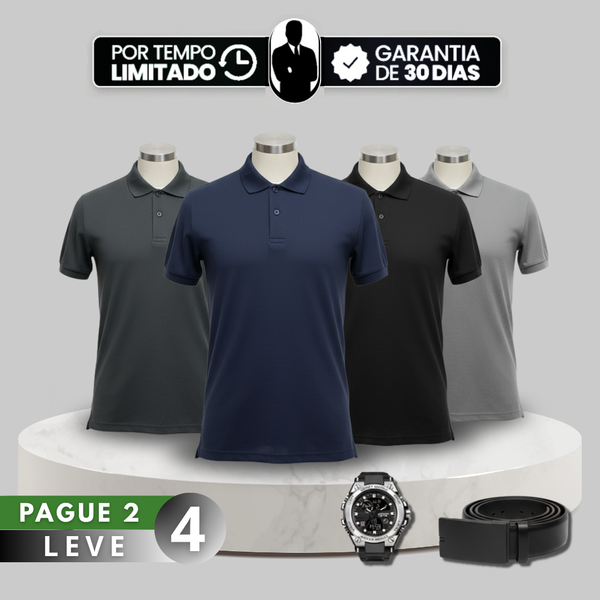 [Leve 4, Pague Só 2] Camisa Polo Masculina Drax de Manga Curta em Poliéster e Elastano com Forro Térmico + Relógio e Cinto GRÁTIS