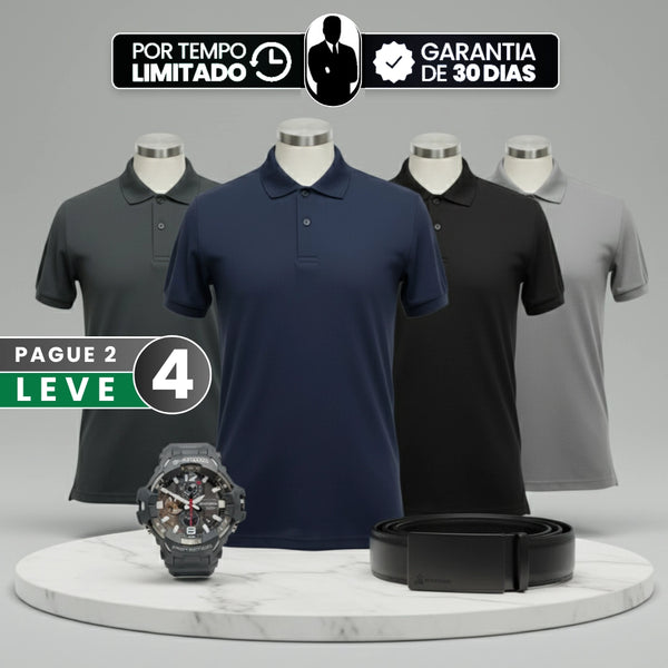 [Leve 4, Pague Só 2] Camisa Polo Masculina Drax de Manga Curta em Poliéster e Elastano com Forro Térmico + Relógio e Cinto GRÁTIS